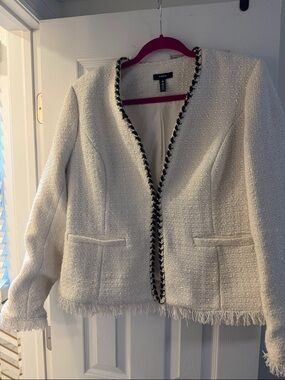 Aqua Ivory Tweed Fringed Open-Front Blazer with Black Trim